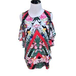 Gibson & Latimer Women's Cold Shoulder Top S Small Floral Tropical Print Hawaii